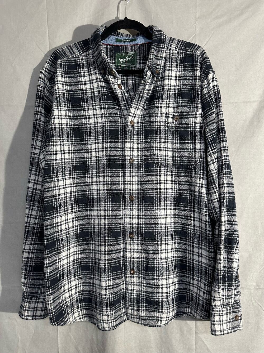 Woolrich Shirt Mens XL Black Plaid Flannel Trout Run Button Outdoor Grunge Gorp